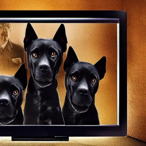 Image similar to black dog with three heads looking through tv screen, horror movie poster