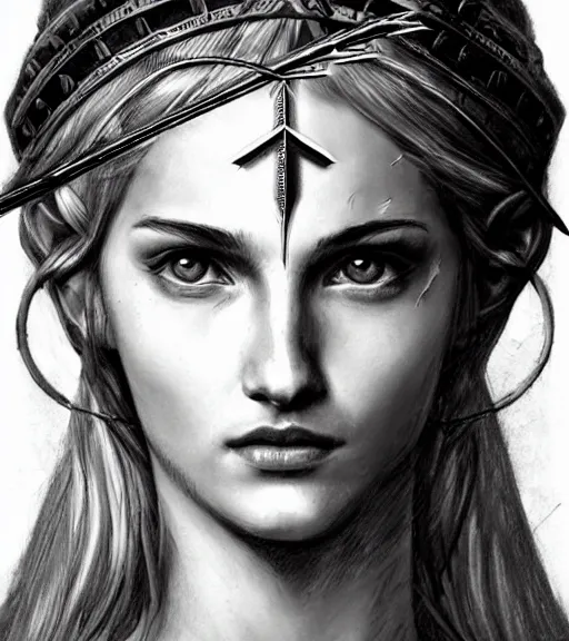 Image similar to beautiful aphrodite goddess wearing an arrow on her head, realistic face, beautiful eyes, black and white drawing, in the style of greg rutkowski, fantasy, amazing detail, epic, intricate, elegant, smooth, sharp focus