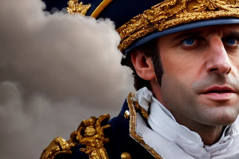 Image similar to closeup portrait of emmanuel macron dressed as napoleon with a cannon in the street, natural light, sharp, detailed face, magazine, press, photo, steve mccurry, david lazar, canon, nikon, focus