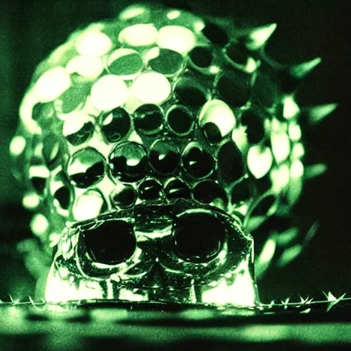 Image similar to a disco ball shaped like a skull full of long spikes, reflecting light in a nightclub, grainy film photograph