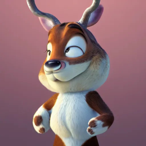 Image similar to portrait, 3 d render, tall little fat, anthropomorphic female deer, wearing along white dress, in the style of zootopia,