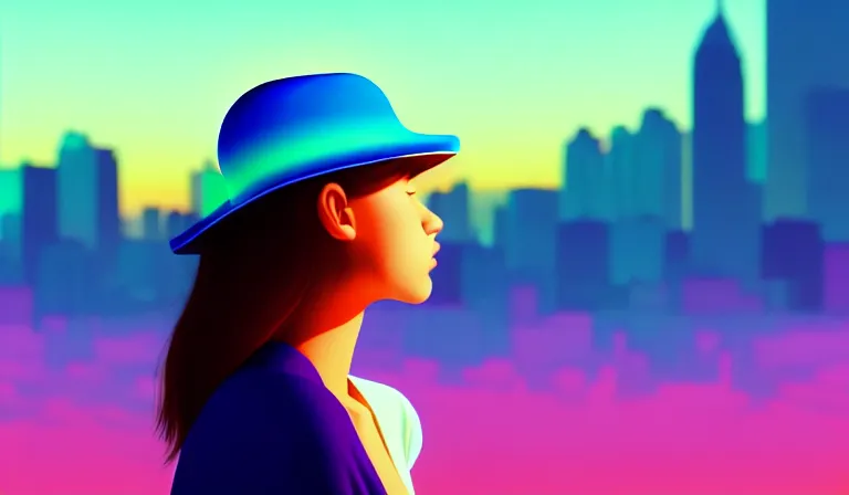 Prompt: a beautiful and immaculate teenager with a hat. vaporwave ombre rendering. outrun style. trending on artstation. recommended for you behance. by chris moore. by edward hopper. beeple colors. metropolis filmic. gotham city.