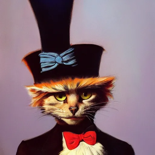 Image similar to an ultra - realistic portrait painting of the cat in the hat in the style of frank frazetta. 4 k. ultra - realistic. highly detailed. dark fantasy. epic lighting.