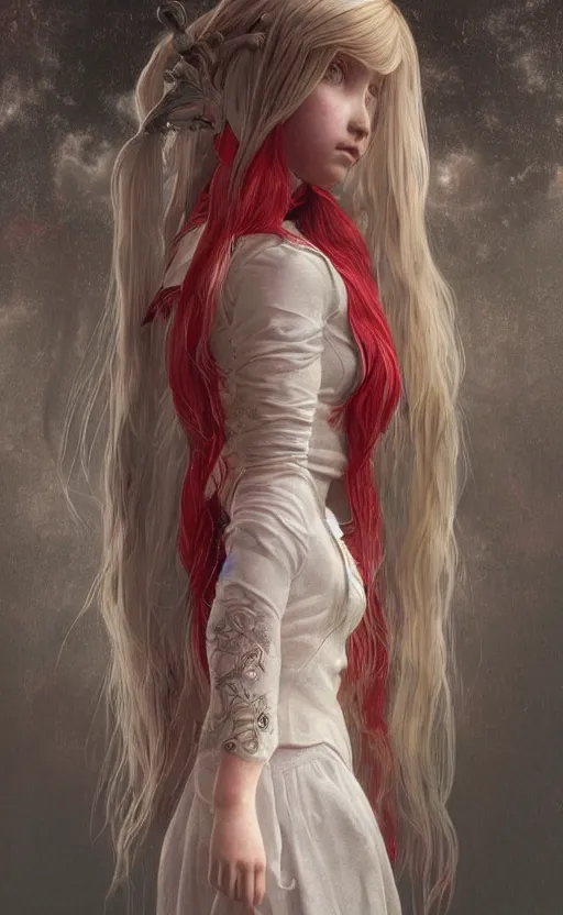 Image similar to full body shot of a young girl with blond twin tail hair and red eyes standing in front of a white wall, intricate details, eerie, highly detailed, photorealistic, octane render, 8 k, unreal engine, art by artgerm and greg rutkowski and alphonse mucha