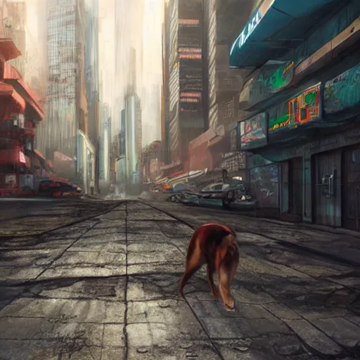 Prompt: a hyperrealistic cyberpunk dog, extreme wide shot