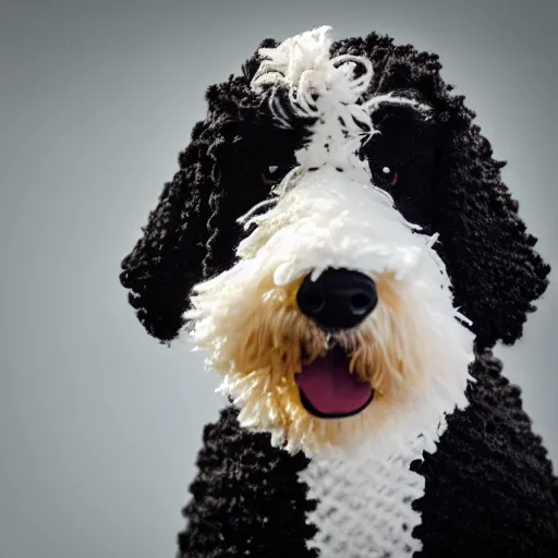 Image similar to a closeup photorealistic photograph of a cute smiling knitted bernedoodle judge dog dressed in a black gown, presiding over the courthouse. indoors, professional capture, well lit shot. this 4 k hd image is trending on artstation, featured on behance, well - rendered, extra crisp, features intricate detail, epic composition and the style of unreal engine.