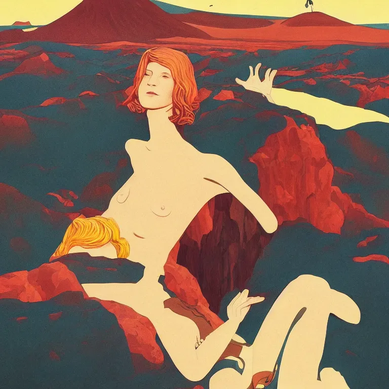 Prompt: a portrait of a young icelandic woman dreaming psychedelic hallucinations in the vast volcanic landscape of iceland, by soul bass, kawase hasui, moebius and edward hopper, colorful flat surreal design, xray hd, 8 k, artstation