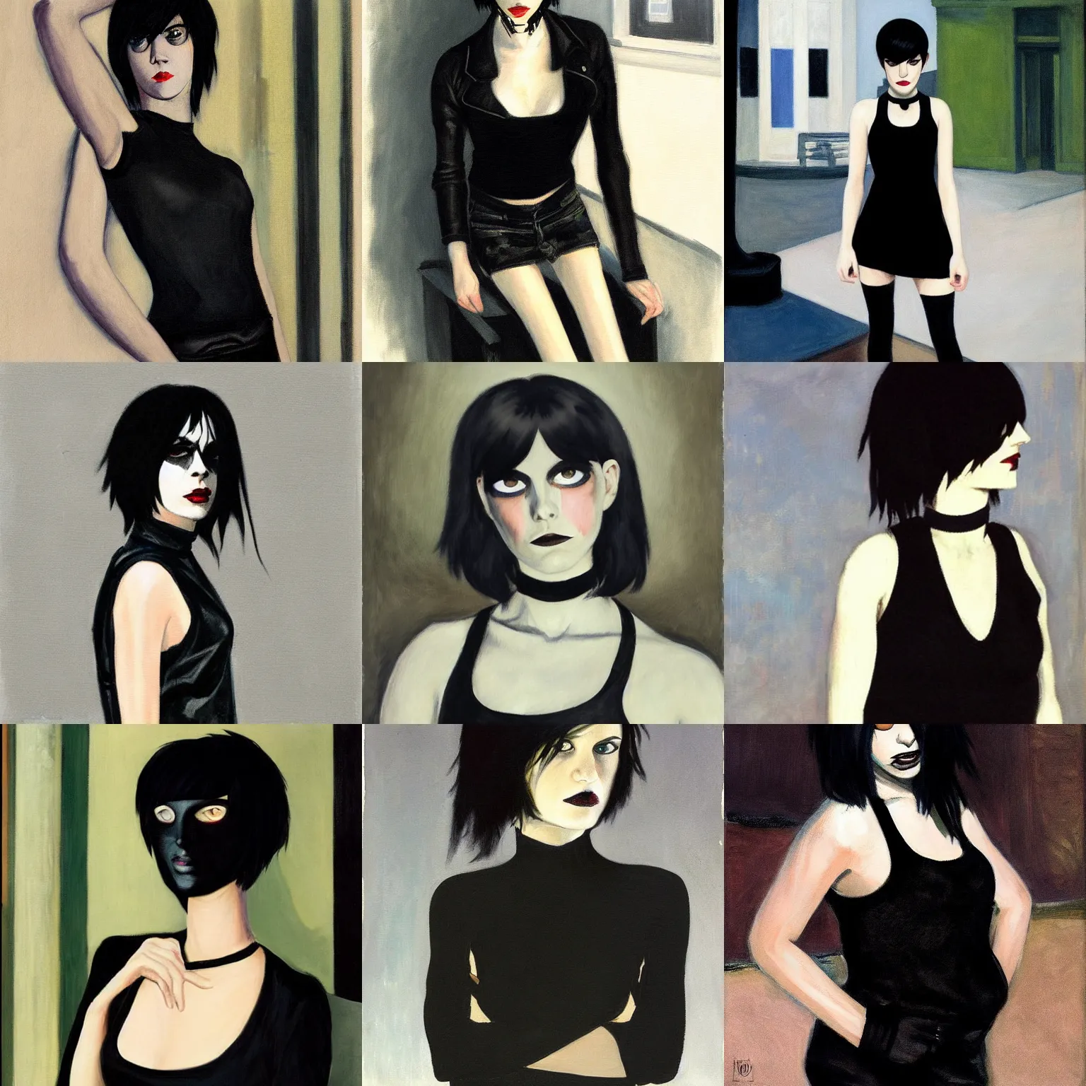 Prompt: an emo painted by edward hopper. her hair is dark brown and cut into a short, messy pixie cut. she has large entirely - black evil eyes. she is wearing a black tank top, a black leather jacket, a black knee - length skirt, a black choker, and black leather boots.