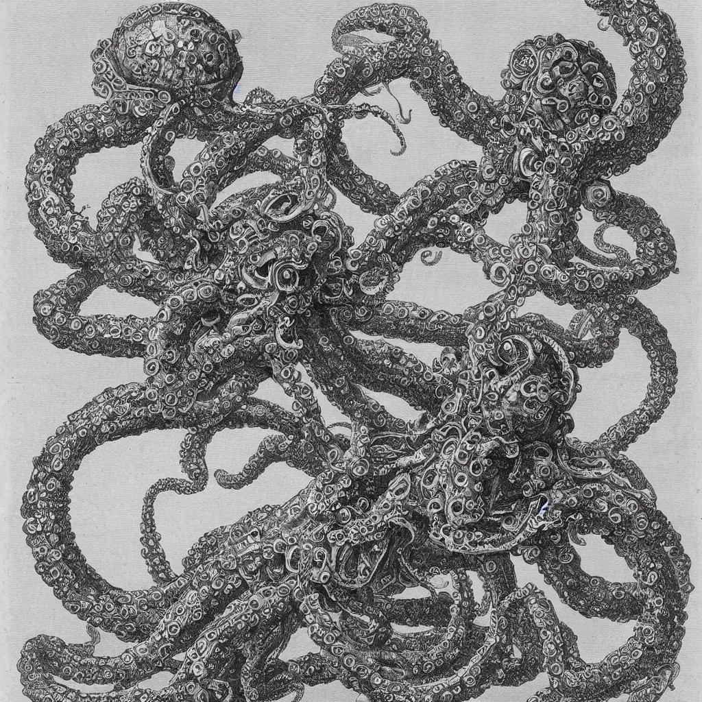 Prompt: epic scientific illustration of an elaborate octopus helicopter alien creature, 8K, Ernst Haekel