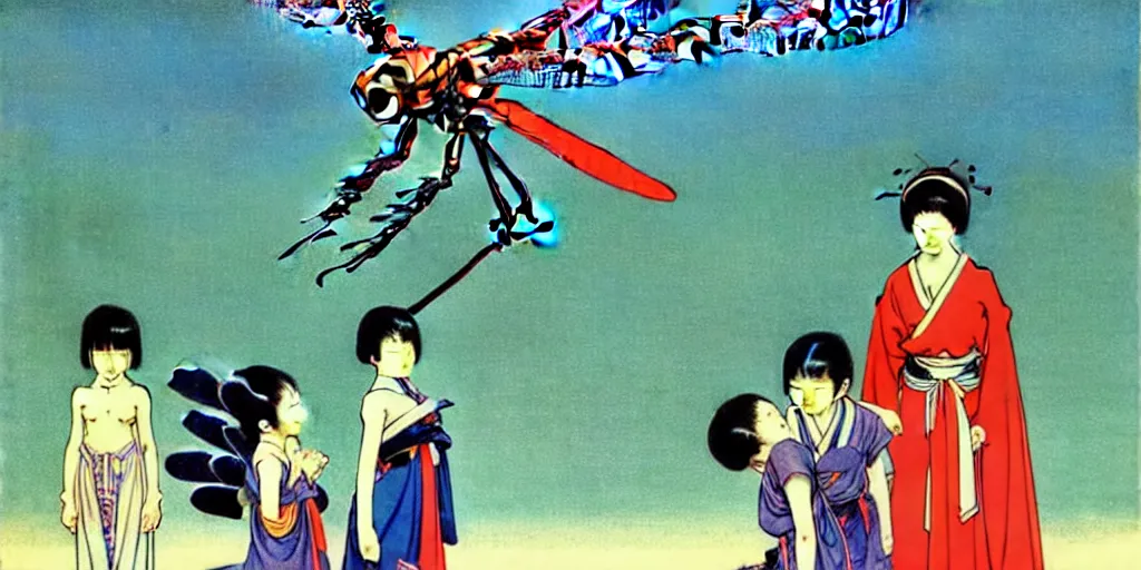 Image similar to gigantic dragonflies with human faces catch tiny robots, a lot of exotic mechas robots around, human heads everywhere, risograph by kawase hasui, edward hopper, satoshi kon and moebius, no text!, colorful flat surreal design, super - detailed, a lot of tiny details, fullshot
