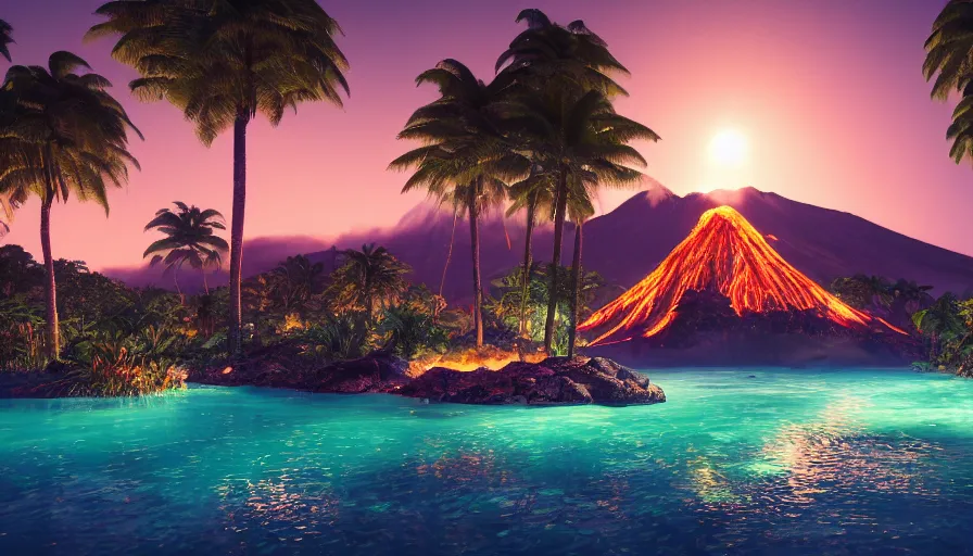 Prompt: volcano at night, moonlight, soothing lush landscape, detailed aqua lagoon, surrounded by crystal palm trees, unreal engine, realistic shading, realistic render, octane render, detailed textures, photorealistic, wide shot