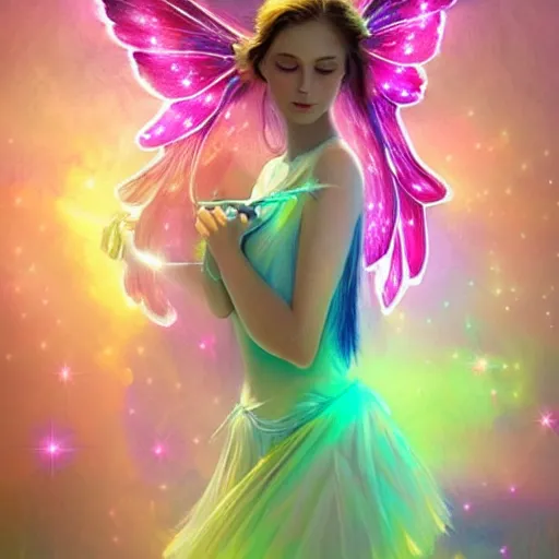 Image similar to fairy princess, galaxy wings, woodland grove, neon wings beautiful colorful pretty artistic 4 k artstation trending dramatic lighting realistic floral garden blooming flowers