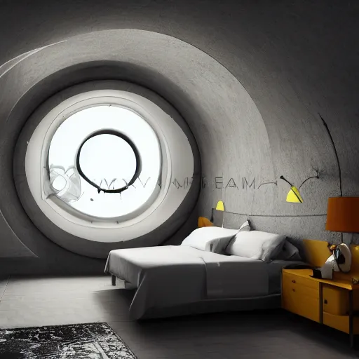 Image similar to small single bedroom inside space ship with round window looking into space, gray metallic walls, style of engine factory room, 1960s, science fiction, ultra realistic, 4k.