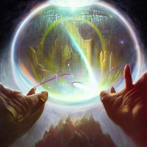 Image similar to the creator of worlds wearing a cloak and holding a holographic planet projection in his hand, detailed, sci - fi, digital painting, artstation, sharp focus, illustration, ominous, artgerm, tomasz alen kopera, peter mohrbacher, donato giancola, joseph christian leyendecker, wlop, frank frazetta