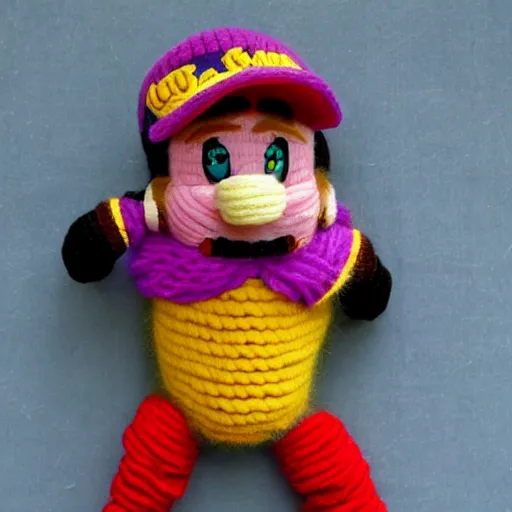 Image similar to a doll of wario made out of yarn