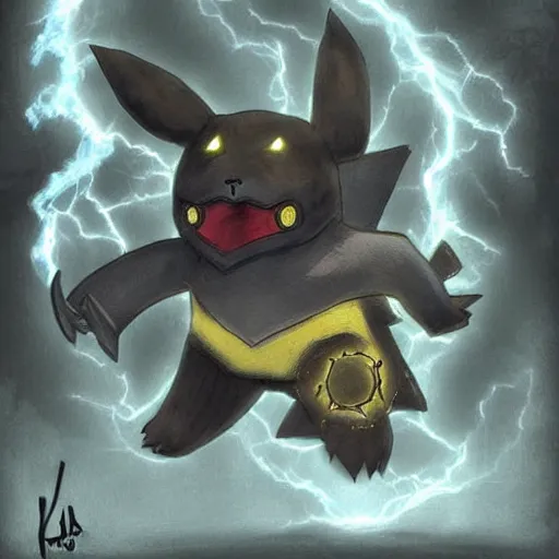 Prompt: Pikachu as a dark souls boss art by Bernard Krigstein's