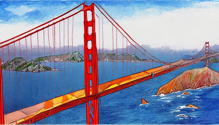 Image similar to Golden Gate Bridge, San Francisco, illustrated by Bob Ross, very detailed