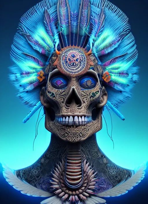 Image similar to 3 d shaman with tattoos profile portrait, sigma 5 0 0 mm f / 5. beautiful intricate highly detailed quetzalcoatl skull and feathers. bioluminescent, plasma, frost, water, wind, creature, gradient background, thunderstorm! artwork by tooth wu and wlop and beeple and greg rutkowski, 8 k trending on artstation,