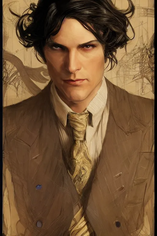 Image similar to skinny male magician, long dark hair, 1 9 2 0 s fashion, elegant, highly detailed, intricate, smooth, sharp focus, artstation, digital paining, concept art, art by donato giancola, cedric peyravernay, marc simonetti, valentina remenar, craig mullins