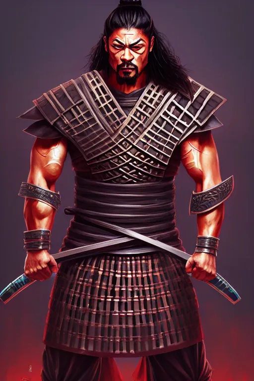 Prompt: roman reigns as a muscular ronin samurai, wearing a haori, by wlop and peter mohrbacher, dramatic action pose, extremely detailed shading, concept art, digital painting, trending on artstation, unreal engine 5, octane render, atmosphere, glow, cinematic lighting, full of color