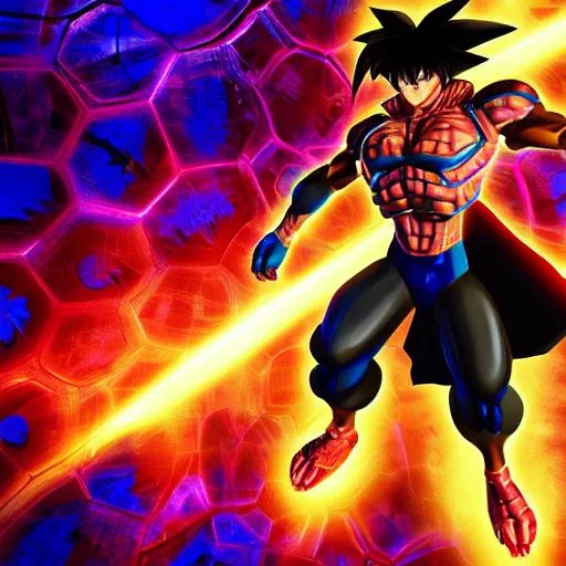 Image similar to Cyber Ultra Instict Goku Portrait, Smooth Digital Artwork, Fractal Chaos Background, Rendered in Maya, Hyperdetailed, Cinematic Shot, in style of Kentaro Miura