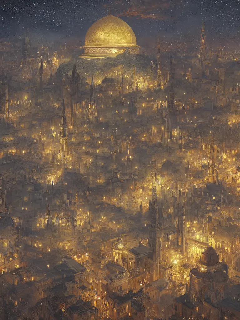 Image similar to a dome - covered city resembling ancient baghdad at night with the sky full of stars, intricate, elegant, highly detailed, digital painting, artstation, concept art, smooth, sharp focus, colored illustration for tattoo, art by krenz cushart and artem demura and alphonse mucha,