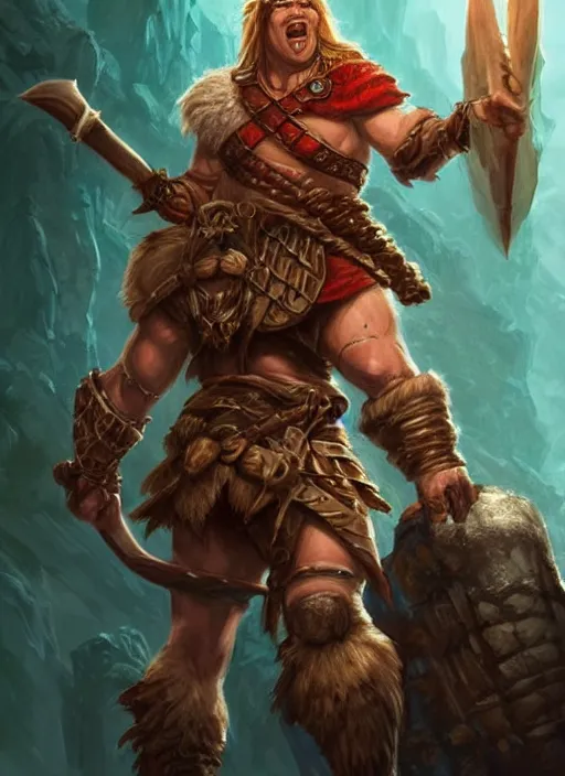 Image similar to short barbarian, ultra detailed fantasy, dndbeyond, bright, colourful, realistic, dnd character portrait, full body, pathfinder, pinterest, art by ralph horsley, dnd, rpg, lotr game design fanart by concept art, behance hd, artstation, deviantart, hdr render in unreal engine 5