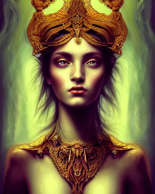 Image similar to portrait of a beautiful goddess, unusual beauty, esoteric, head in focus, fantasy art, ornamental aesthetics, intricate, elegant, highly detailed, hyperrealistic painting, concept art, painterly, sharp focus, illustration, art by ive freya