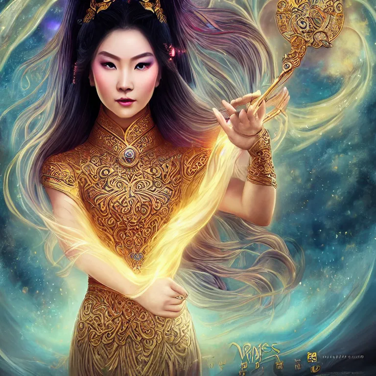 Image similar to beautiful cinematic fantasy poster, a beautiful vietnamese goddess wearing an ornate ao dai with flowing illuminated hair, beautiful glowing galaxy eyes, wideshot ultrawide angle epic scale, hybrid from The Elden Ring and art direction by Darius Zawadzki ;by artgerm; wayne reynolds art station; cinematic quality character render; low angle; ultra high quality model; production quality cinema model;