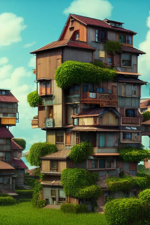 Image similar to stacked houses, solarpunk, studio ghibli, jean - baptiste monge, octane render, 4 k