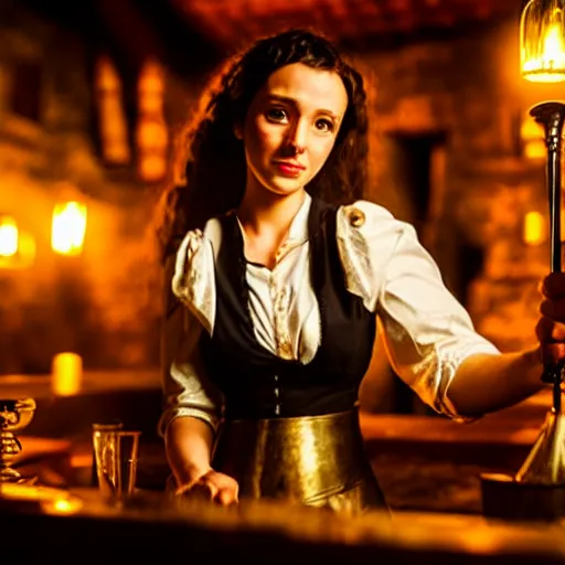 Image similar to attractive bar maid in a medieval tavern at night, cinematic, filmic