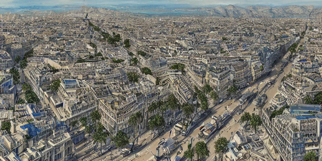 Prompt: the beautiful city of paris rebuilt near the pacific ocean in sunny california, amazing weather, sandy beach, palm trees, splendid haussmann architecture, digital painting, highly detailed, intricate, concept art, matte painting, trending on artstation