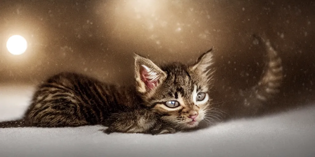 Prompt: cinematic photo of a single kitten with very long ears and an extremely long monkey's tail it is lying in the snow under the moonlight, studio lighting, in the style of rodger deakins and greig fraser and david fincher and denis villeneuve, moody, rim light, beautiful lighting, 8 k, stunning scene, blade runner, dune, seven,