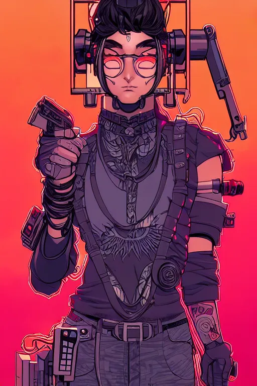 Image similar to comic cover art of a cyberpunk shaman girl, inspired by gunsmith cats and tank girl, illustration by jenny frison and sana takeda, intricate details, stunning inking lines, stunning gradient colors, 4 k, hd, artstation