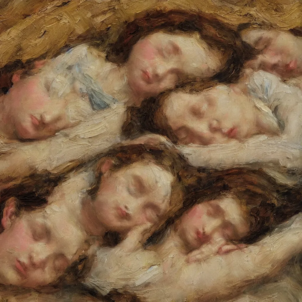 Prompt: texture of 3d high relief painting of beautiful sleeping girls painted in the style of the old masters, painterly, thick heavy impasto, expressive impressionist style, painted with a palette knife