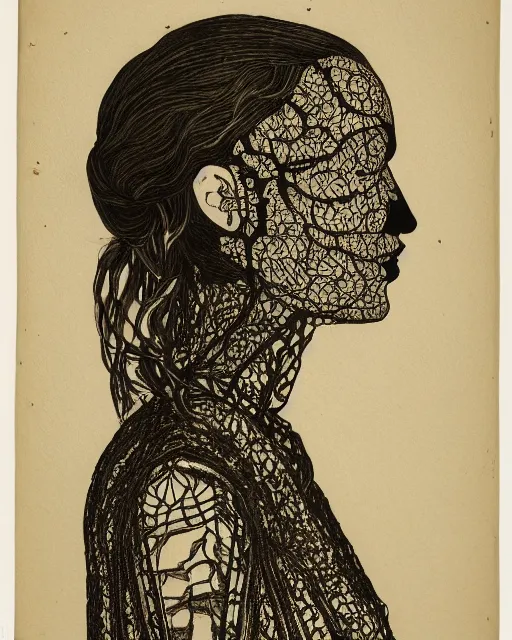 Image similar to a woman's face in profile, wearing a collared shirt, made of intricate decorative lace leaf skeleton, in the style of the dutch masters and gregory crewdson, dark and moody