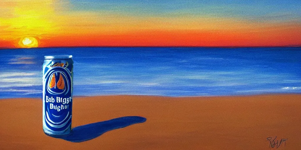 Prompt: can of bud light in the sand on the beach, sunset, landscape, high quality, radiant light, painting, in the style of Bob Ross