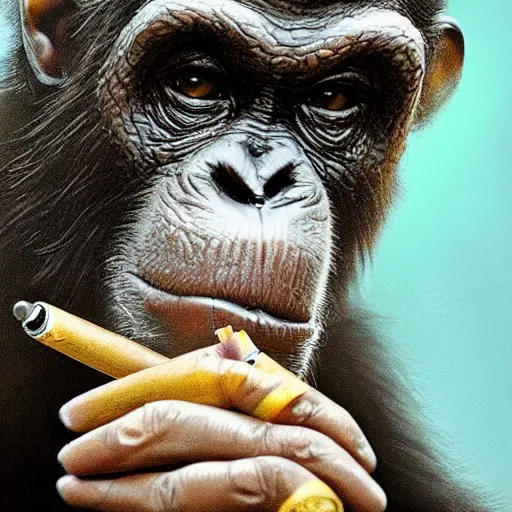 Image similar to a high detail photo of donald trump smoking a cigarrette, subject= chimp, subject detail: extremly detailed, subject action: smoking a cigar, photorealism, dramatic lighting, award winning photograph, trending on artstation