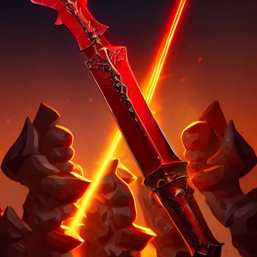 Prompt: red sword and battleaxe crossed gameicon, powerful fantasy epic legends, game icon stylized, digital illustration radiating, a glowing aura, global illumination, ray tracing, 8 k high definition, intricate details, octane render, unreal engine, trending on arstation