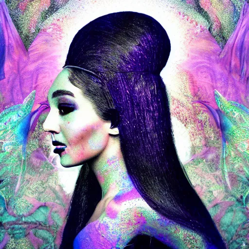 Image similar to Portrait of salvia trip faerie goddess Ariana Grande. Claymation. intricate abstract. intricate artwork. nightmare fuel. by Dave McKean. octane render, trending on artstation, greg rutkowski very coherent symmetrical artwork. cinematic, hyper realism, high detail, octane render, 8k, iridescent accents