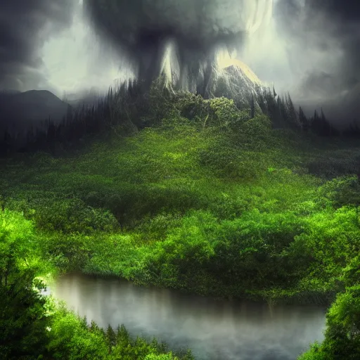 Prompt: the dark forest, surrounded by mountains and clouds. featured on artstation. # russianphotorealisticpixelart vibrant cosmic lagoon beaker thorn, by kati horna and arik brauer, matte painting