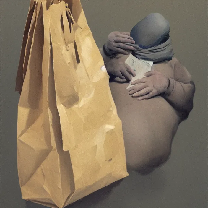 Image similar to melted old fat man portrait with a paper bag over the head, in paper bag clothing, holding a stack of paper bags, highly detailed, artstation, edward hopper, art by zdislav beksinski, wayne barlowe, edward hopper