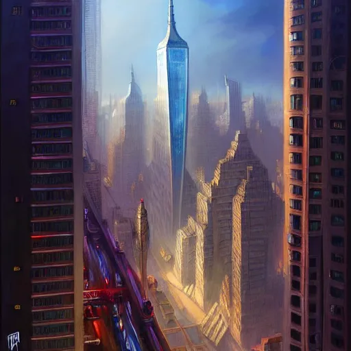 Image similar to a cityscape of new york in the future, flying cars, huge buildings, bright lights, digital painting, artstation, concept art, illustration, artgerm, tomasz alen kopera, peter mohrbacher, donato giancola, joseph christian leyendecker, wlop, boris vallejo