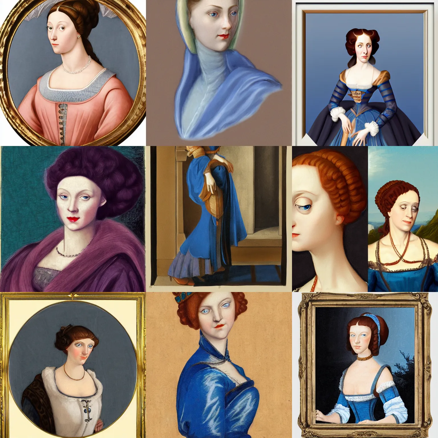 Prompt: renaissance noblewoman with blue eyes and play skin in a classical portrait pose in the art style of ib iwerks