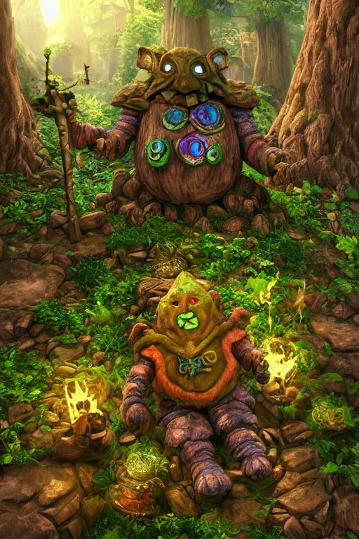 Image similar to zelda fantasy art giant golem elemental wood rock greeble gemstone enchanted forest troll, global illumination ray tracing hdr fanart arstation by sung choi and eric pfeiffer and gabriel garza and casper konefal bastion forged hardmesh lisa frank zbrush central radiating a glowing aura global illumination ray tracing hdr volume light