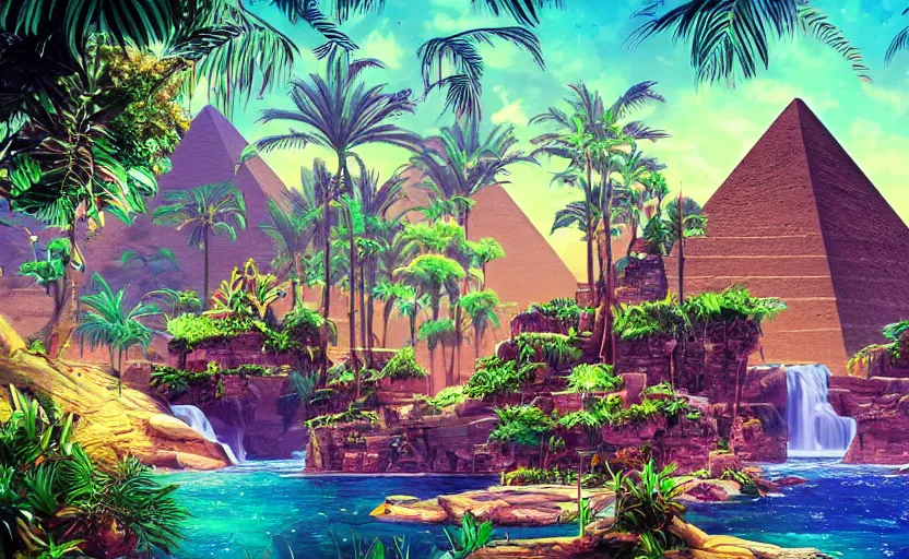 Image similar to ancient egypt structure with plants and waterfalls, epic retrowave art, trending on art station