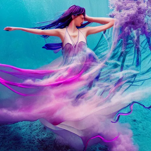 Image similar to beautiful modern woman dancing underwater wearing a flowing dress made of blue, magenta, and yellow seaweed, delicate coral sea bottom, swirling silver fish, swirling smoke shapes, octane render, caustics lighting from above, cinematic