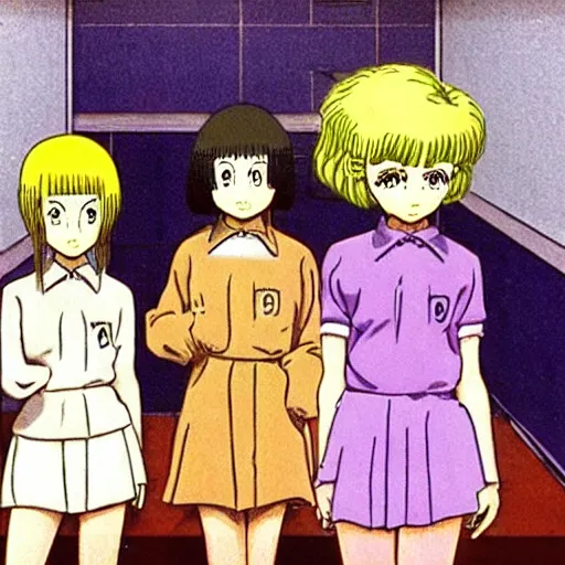 Image similar to screenshot from guro anime, 8 0's horror anime, yellowed grainy vhs footage with noise, four schoolgirls trapped in a bathroom, bathroom stalls and sinks and tiled floor, girls are in beige sailor school uniforms, one girl has white hair, detailed expressive faces, various hair colors and styles, in the style of studio ghibli,
