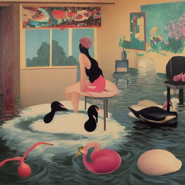 Image similar to female emo art student in her apartment, painting of flood waters inside an artist's feminine bedroom, a river flooding indoors, pomegranates, pigs, ikebana, water, octopus, river, rapids, waterfall, black swans, canoe, berries, zen, acrylic on canvas, surrealist, by magritte and monet