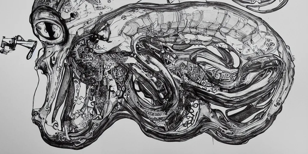 Image similar to ultra precise fineliner drawing of a machine which embeds a man inside a squid, minimal injury, maximal squidification. black marker pen on white gloss paper. gallery quality, winner of nobel prize for insanity